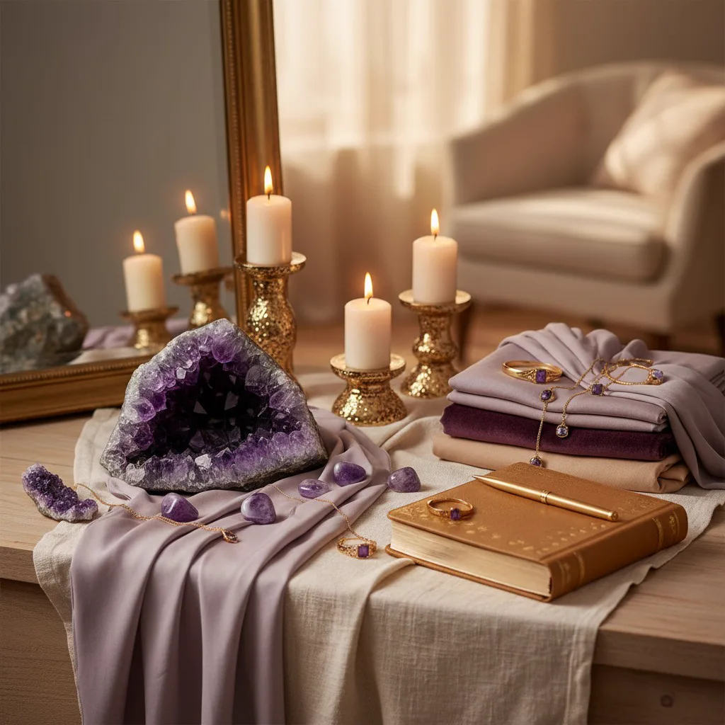 A styled vanity with amethyst geode, gold candles, lavender silk, and a golden journal