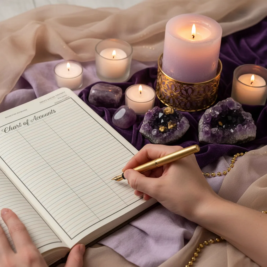 An open Chart of Accounts ledger with a gold pen, candles, and amethyst geodes on lavender velvet
