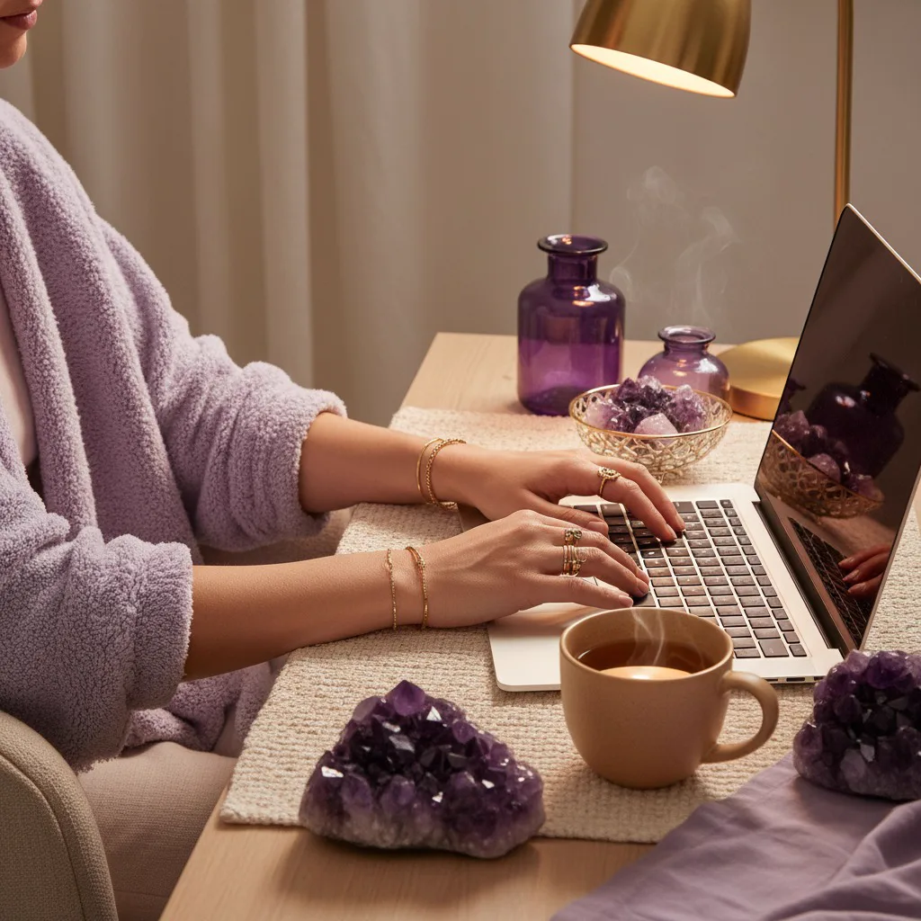 Hands typing on a laptop beside a steaming mug of tea, amethyst crystals, and a brass lamp